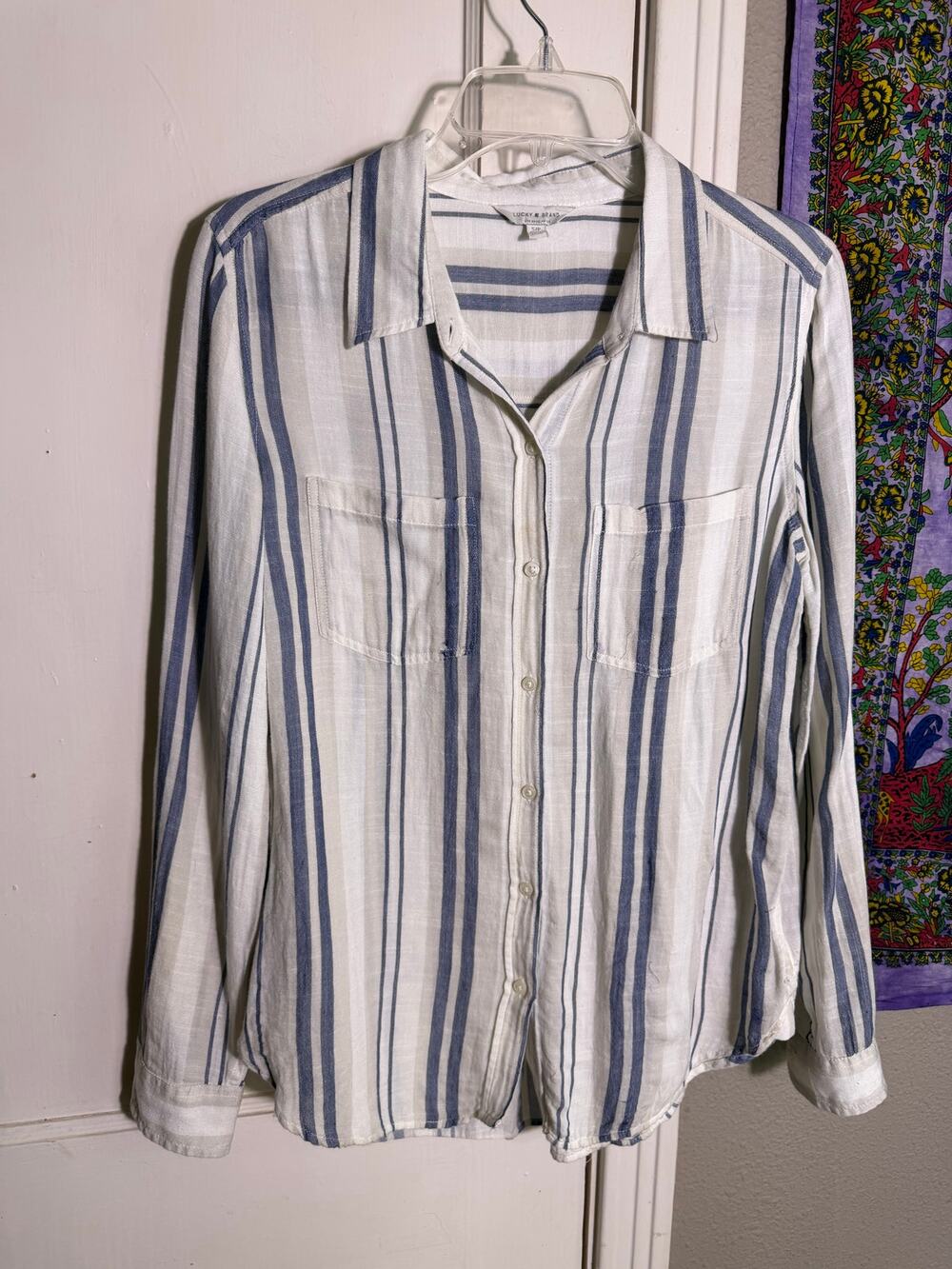 Lucky Brand Womens S Striped Button Up Shirt Blue White Coastal Long Sleeve